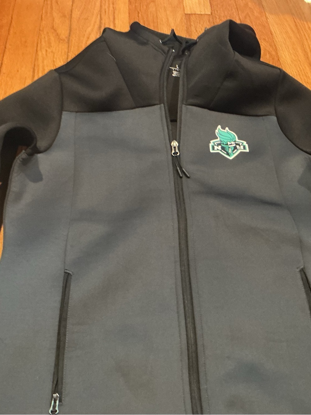 liberty Black and Dark Blue Varsity Jacket with Teal Logo